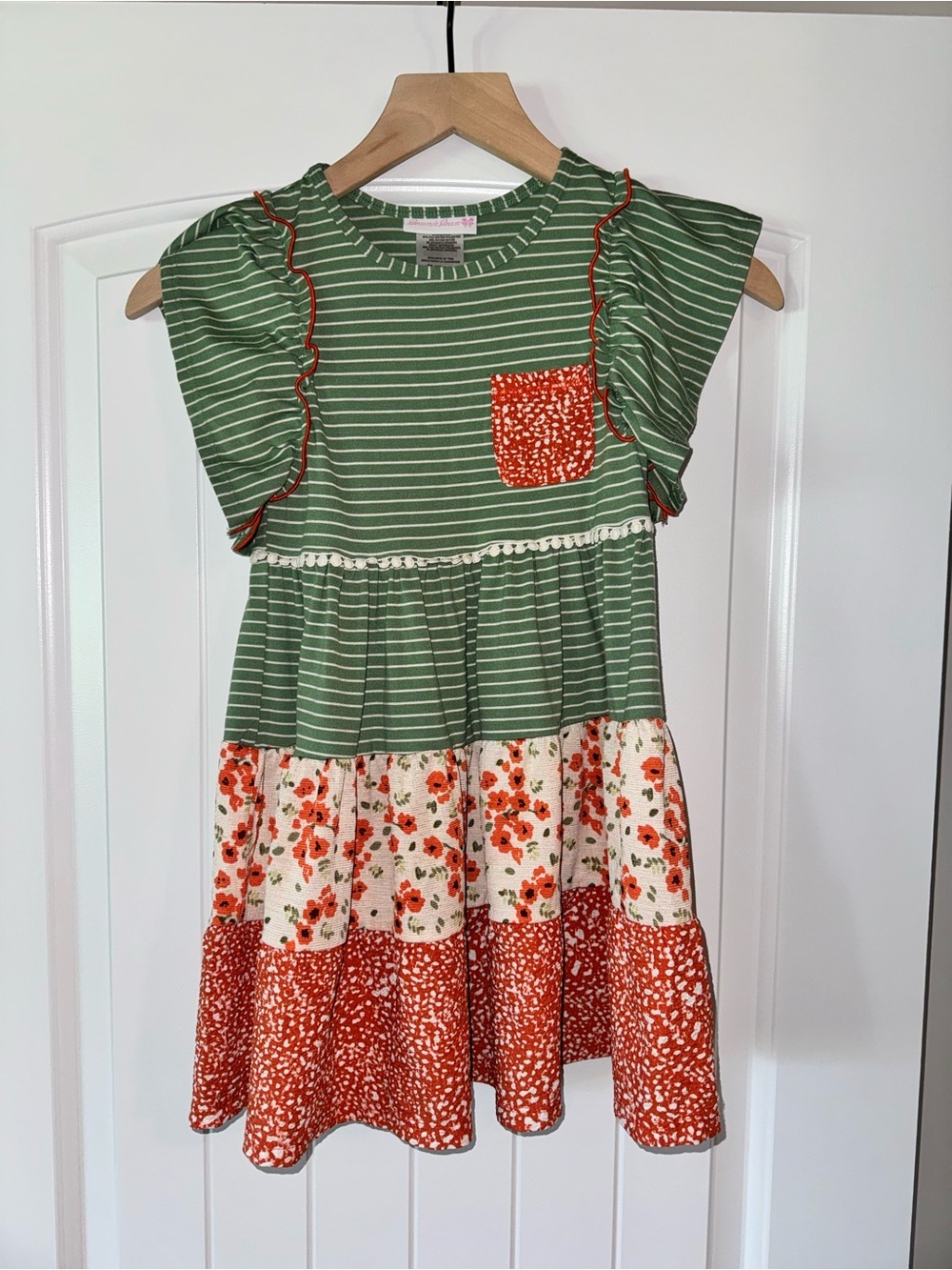 Girls Green Striped & Orange Floral Tiered Dress - Picture 2 of 4